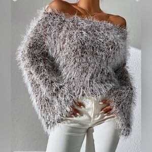 NWT Off the Shoulder Trumpet Sleeve Sweater Beige - L (size 8/10)